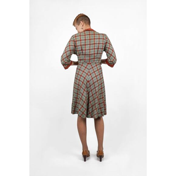 Vintage 1940s/50s Wool Plaid Button-up Shirt-Waist Dress w Corduroy Collar | S/M - Picture 7 of 10